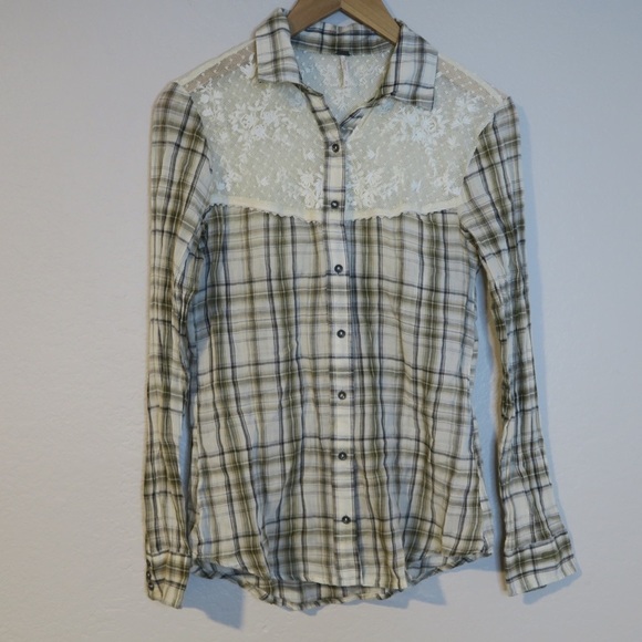 Free People Plaid Saddle Up Button Down Shirt Boho Country Lightweight Lace - Picture 7 of 7